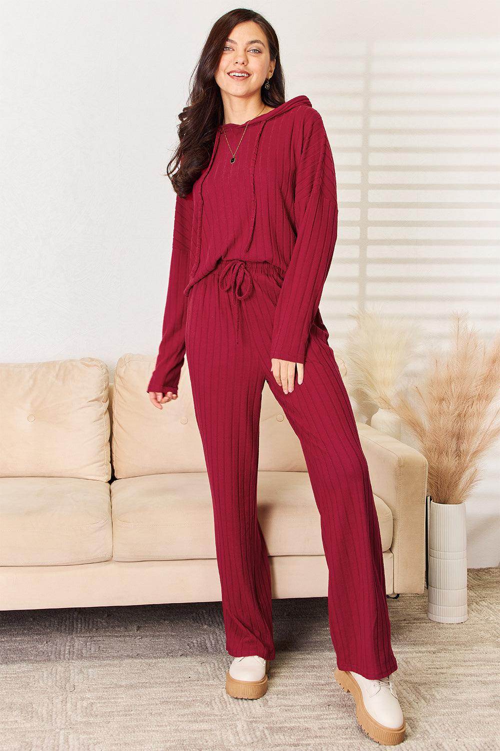 Basic Bae Full Size Ribbed Drawstring Hooded Top Set