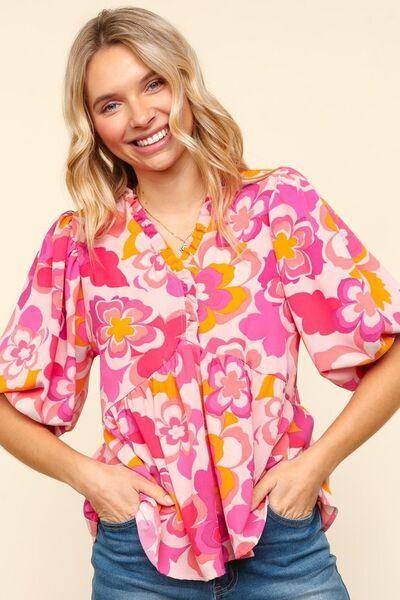 Haptics Full Size Frill Floral Puff Sleeve Blouse Chic