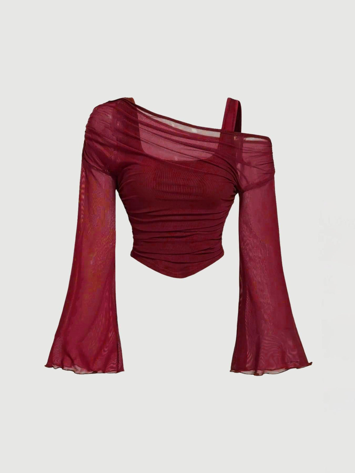 Women's Mesh Neck Pleated Long-Sleeve Top – Slim Fit Knit