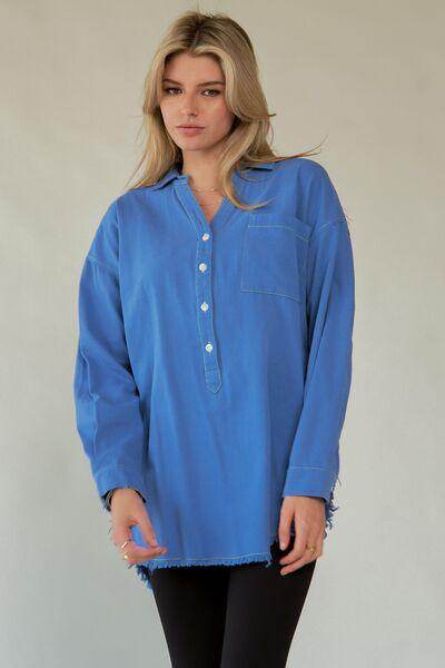 Davi & Dani Letter Back Raw Hem Half Button Shirt Chic