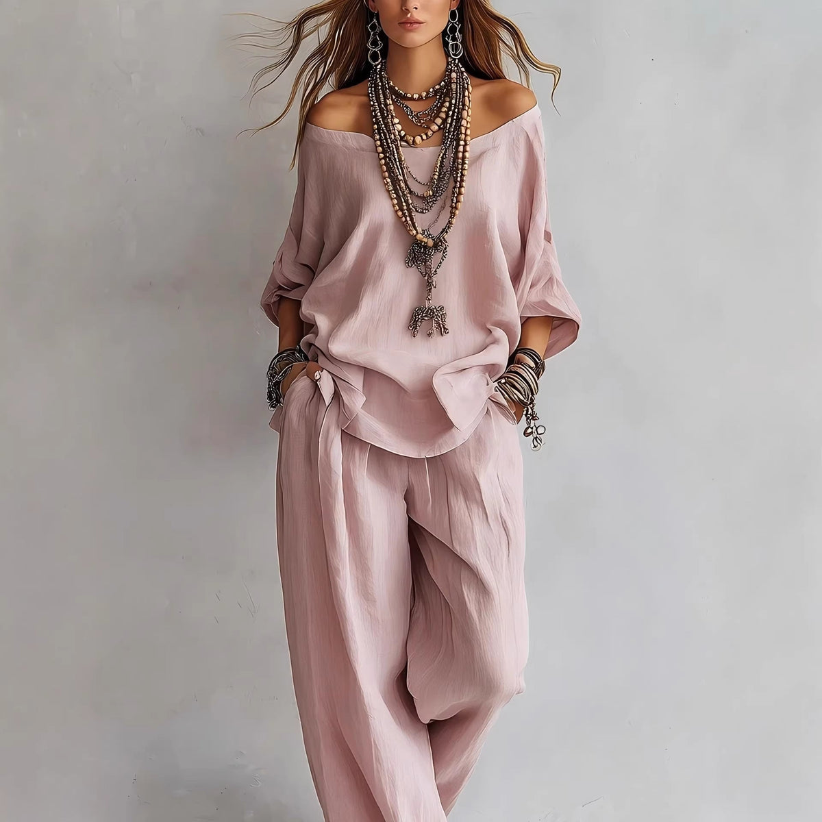Chiffon Puff-Sleeve Top & Wide-Leg Pants Set – 15 Colors