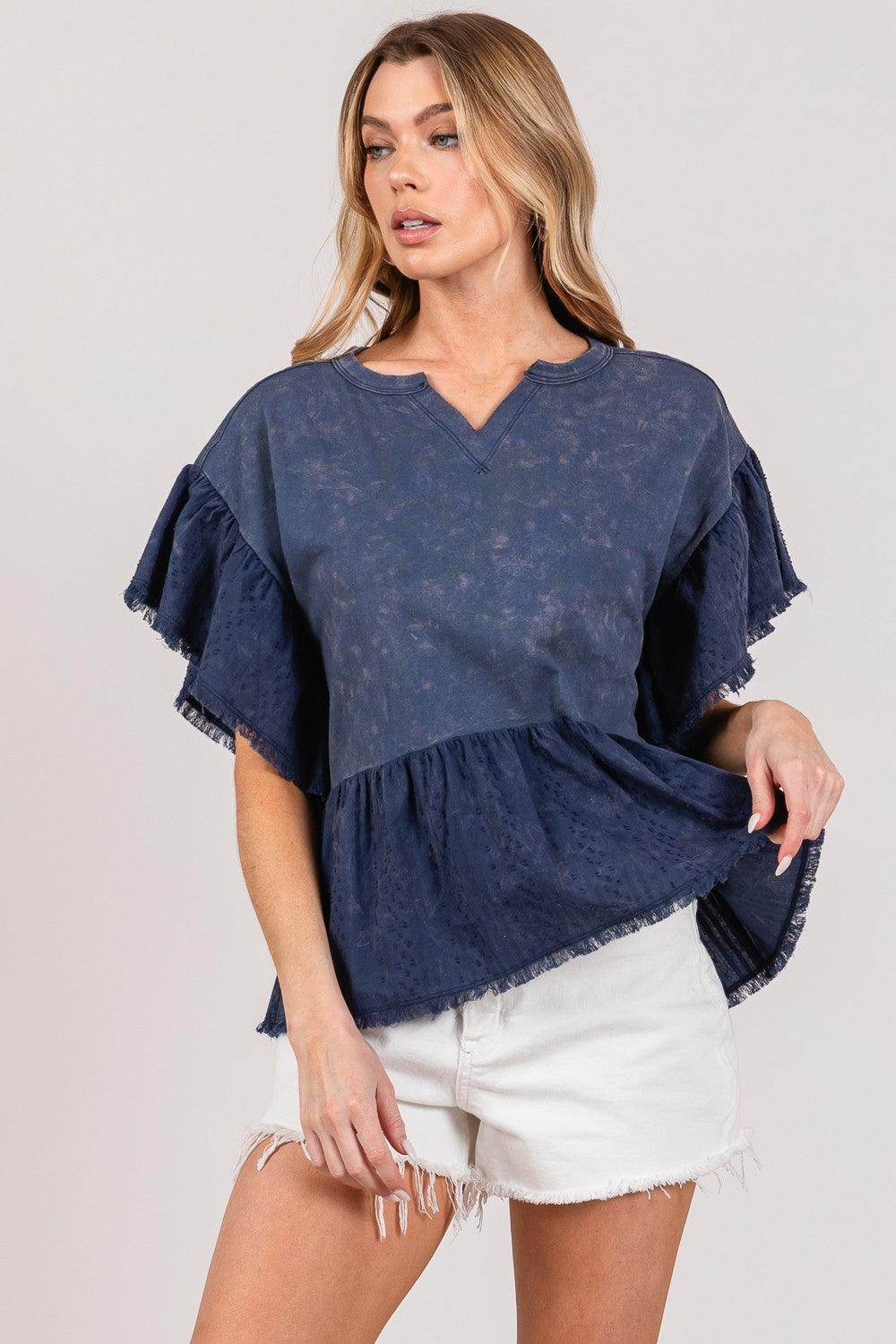 SAGE + FIG Ruffle Sleeve Washed Short Sleeve Blouse for Women