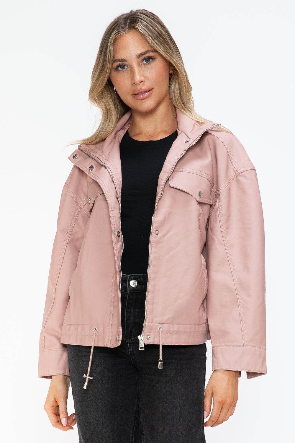 How Dare U Drawstring Hem PU Leather Zip Up Jacket for Women