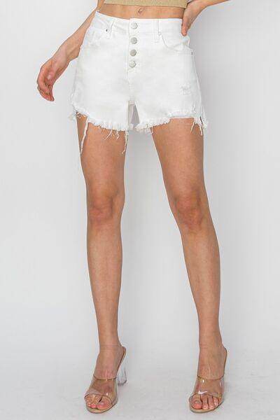 RISEN Button Fly Frayed Hem Denim Shorts for Women