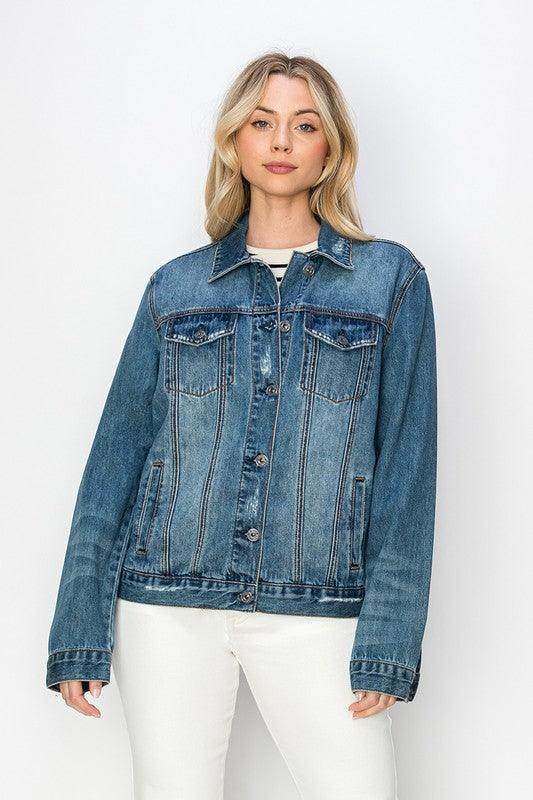RISEN Full Size Distressed Button Up Jacket for Women