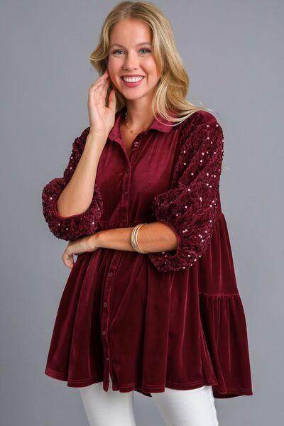 Umgee Sequin Detail Tiered Back Half Sleeve Shirt for Women