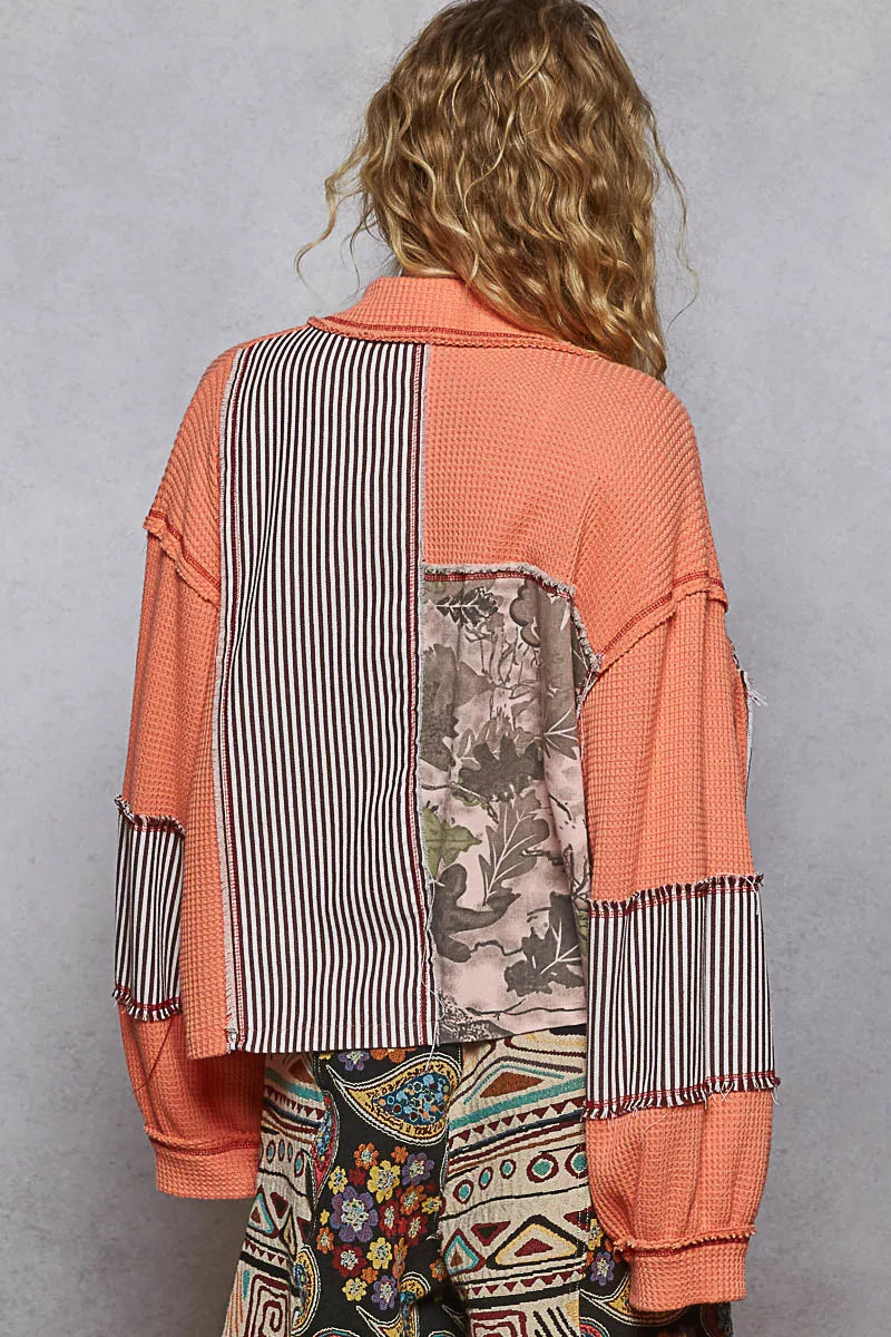 POL Button Down Patchwork Multi-Pattern Jacket