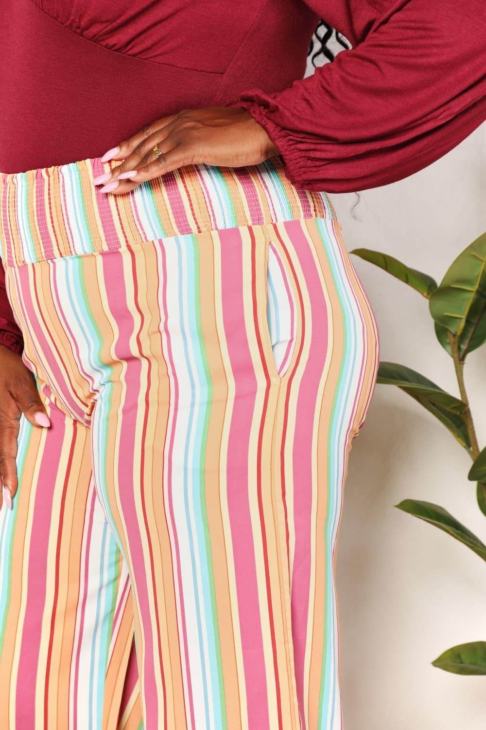 Double Take Striped Smocked Waist Pants with Pockets Stylish