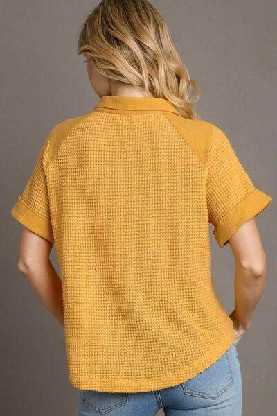 Umgee Full Size Waffle-Knit Short Sleeve Button Down Shirt