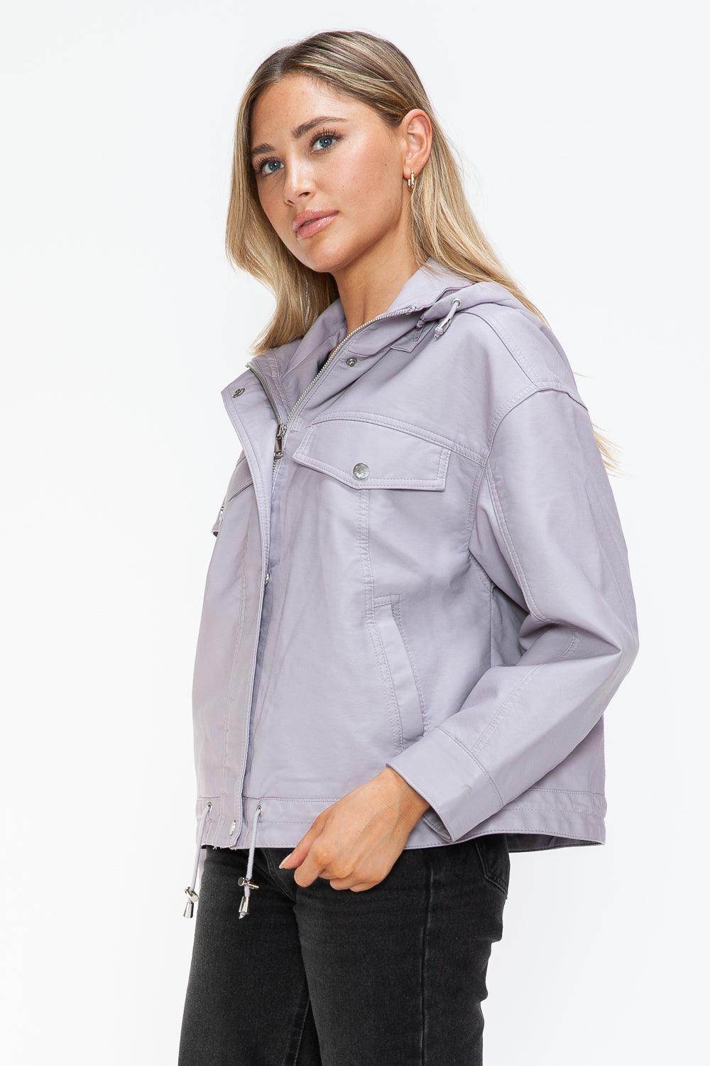 How Dare U Drawstring Hem PU Leather Zip Up Jacket Women
