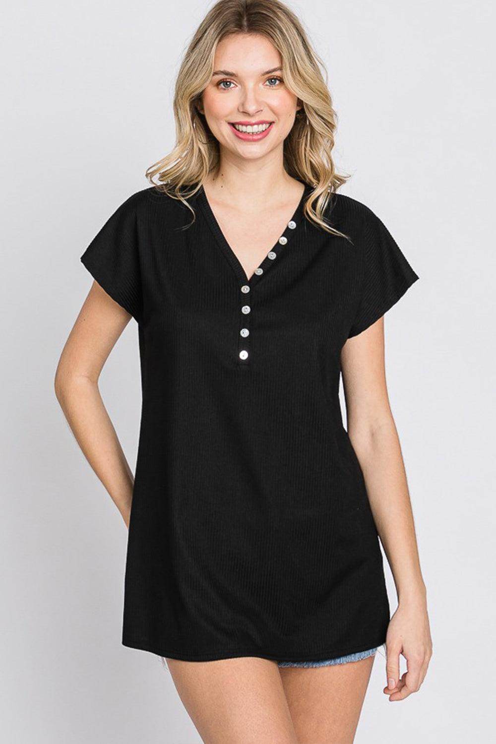 Heimish Full Size Front Button V-Neck Short Sleeve T-Shirt for Women