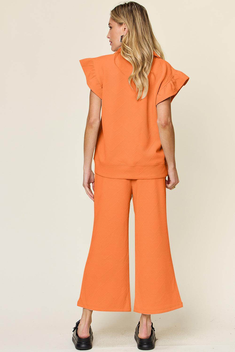 Double Take Texture Ruffle Short Sleeve Top and Pants Set