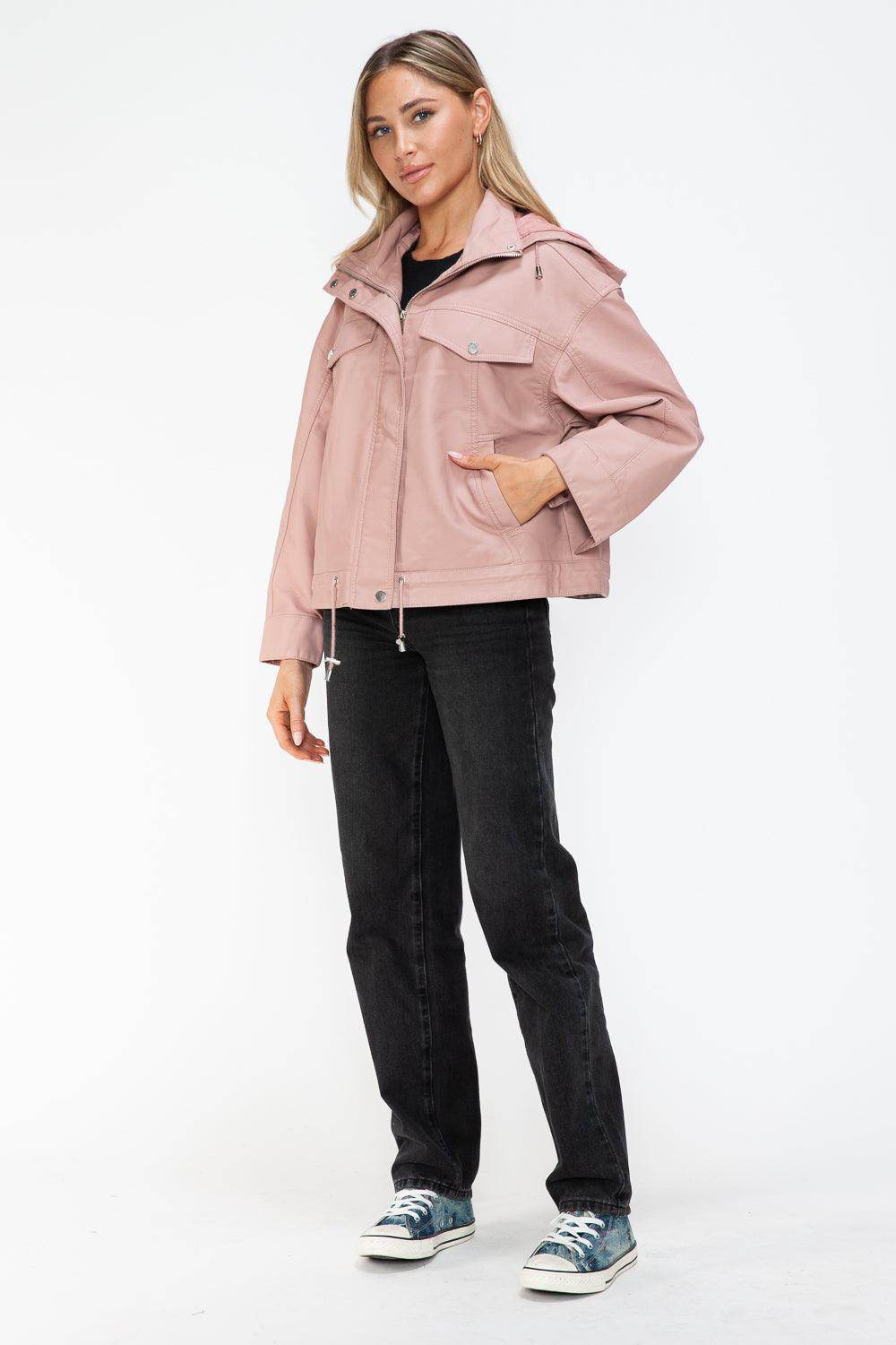 How Dare U Drawstring Hem PU Leather Zip Up Jacket for Women