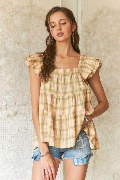ADORA Ruffled Square Neck Cap Sleeve Babydoll Blouse For Women