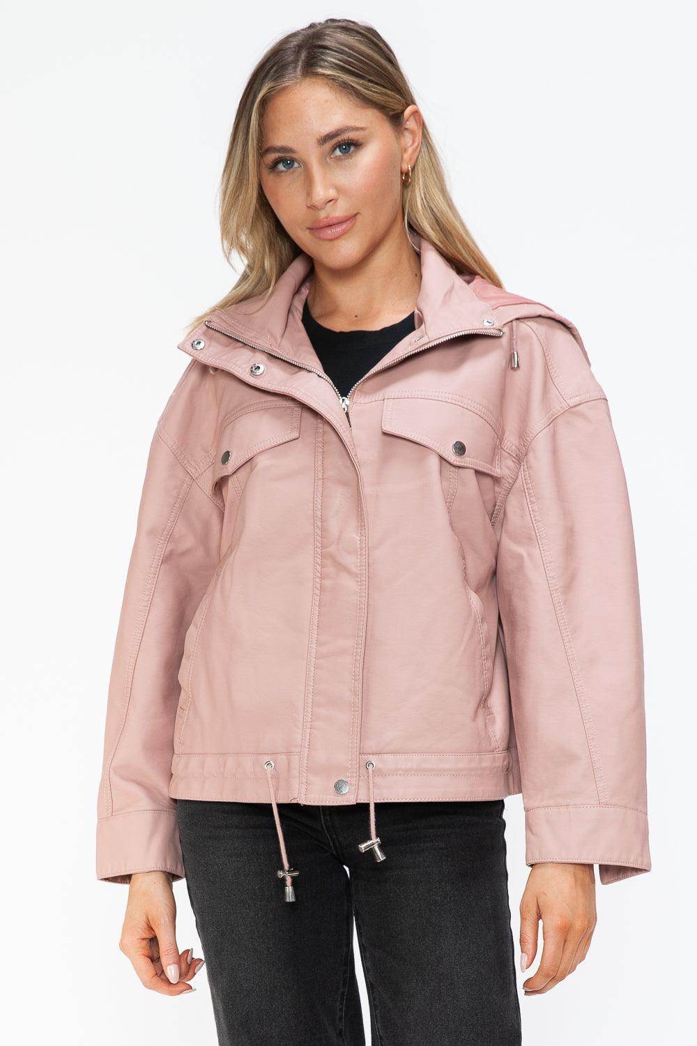 How Dare U Drawstring Hem PU Leather Zip Up Jacket for Women