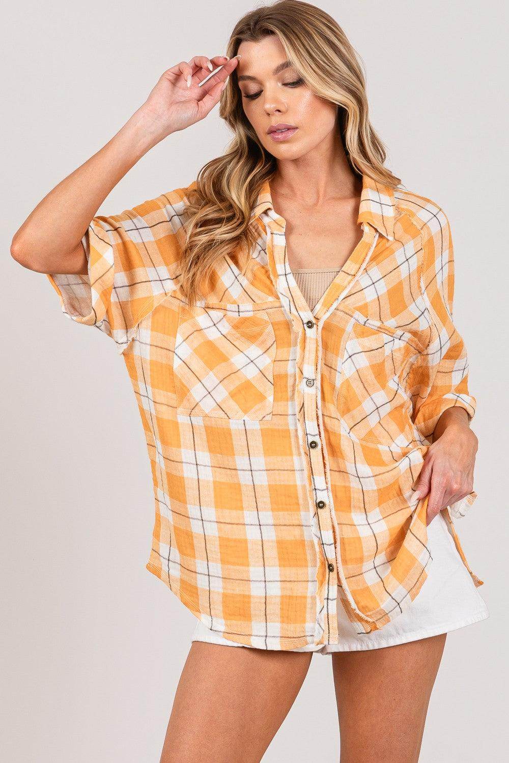SAGE + FIG Plaid Button Up Side Slit Shirt for Women