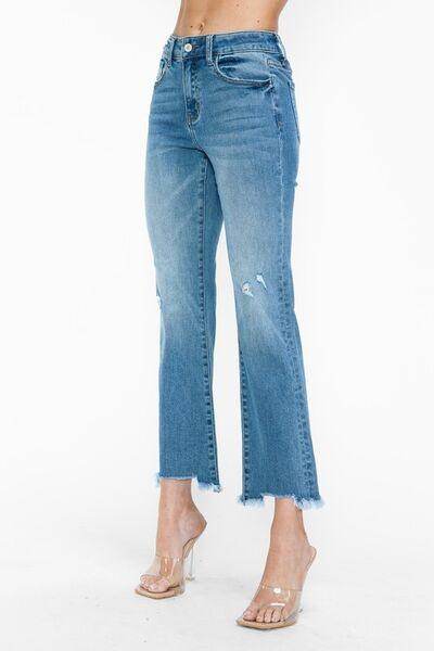 bytos Raw Hem Distressed Mid Rise Crop Jeans for Women