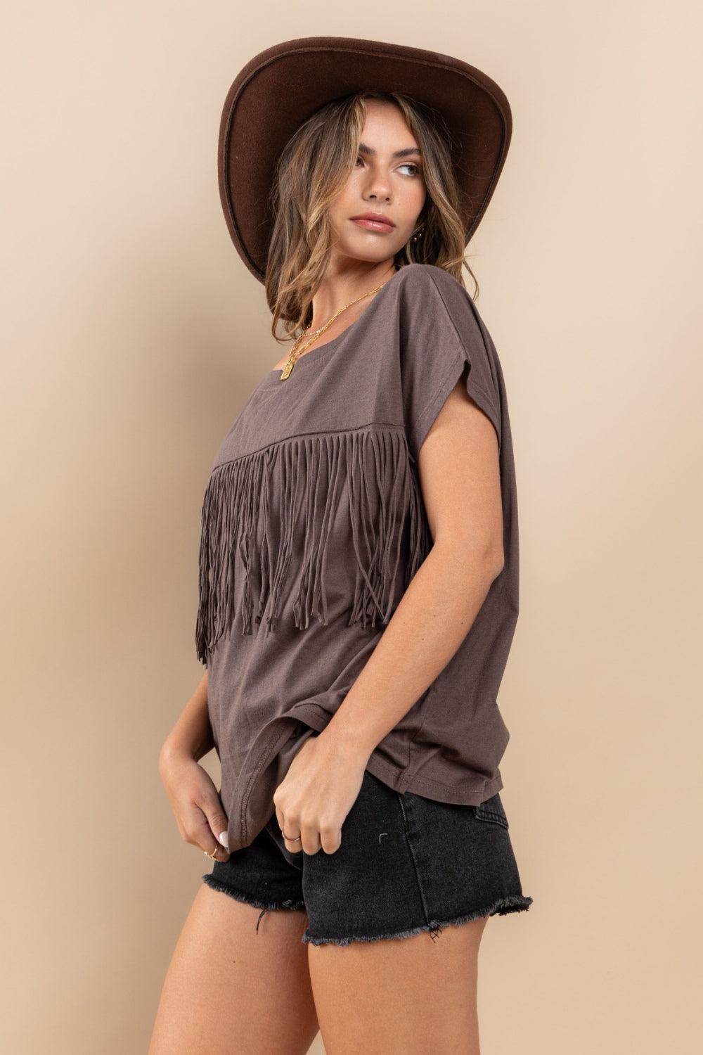 Ces Femme Fringe Detail Round Neck Short Sleeve Top Fashion