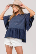 SAGE + FIG Ruffle Sleeve Washed Short Sleeve Blouse for Women