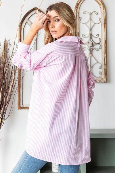 First Love Full Size Striped Button Down High-Low Shirt