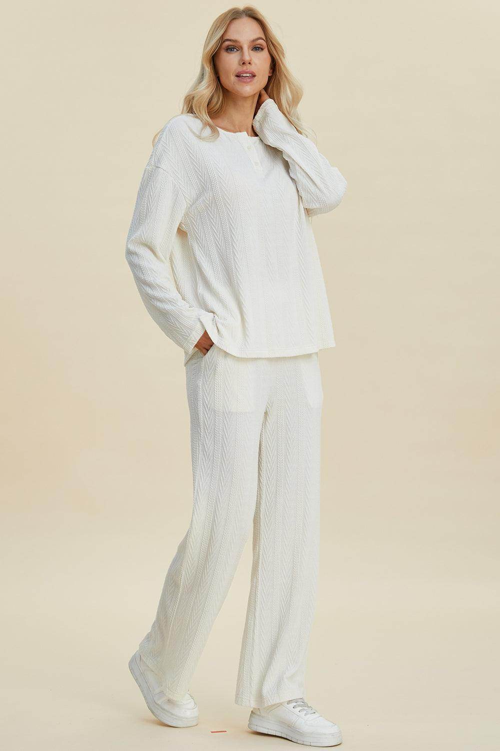 Double Take Full Size Cable-Knit Long Sleeve Top Pants Set