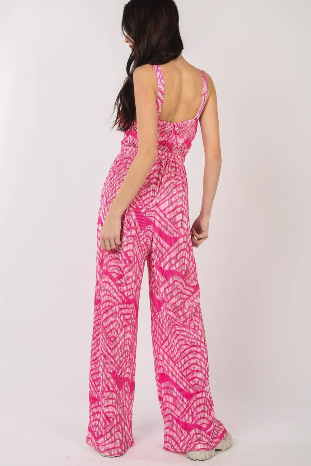 Very J Printed Pleated Sleeveless Wide Leg Jumpsuit