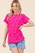 BOMBOM Textured Floral Pattern Short Sleeve T-Shirt for Women