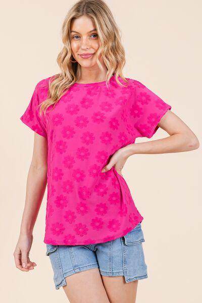 BOMBOM Textured Floral Pattern Short Sleeve T-Shirt for Women