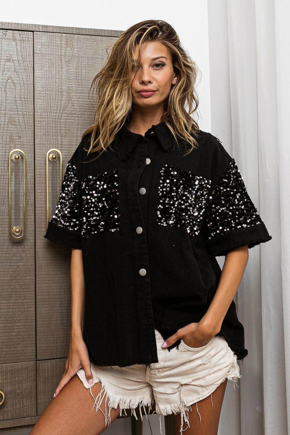 BiBi Sequin Detail Raw Hem Short Sleeve Shirt for Women