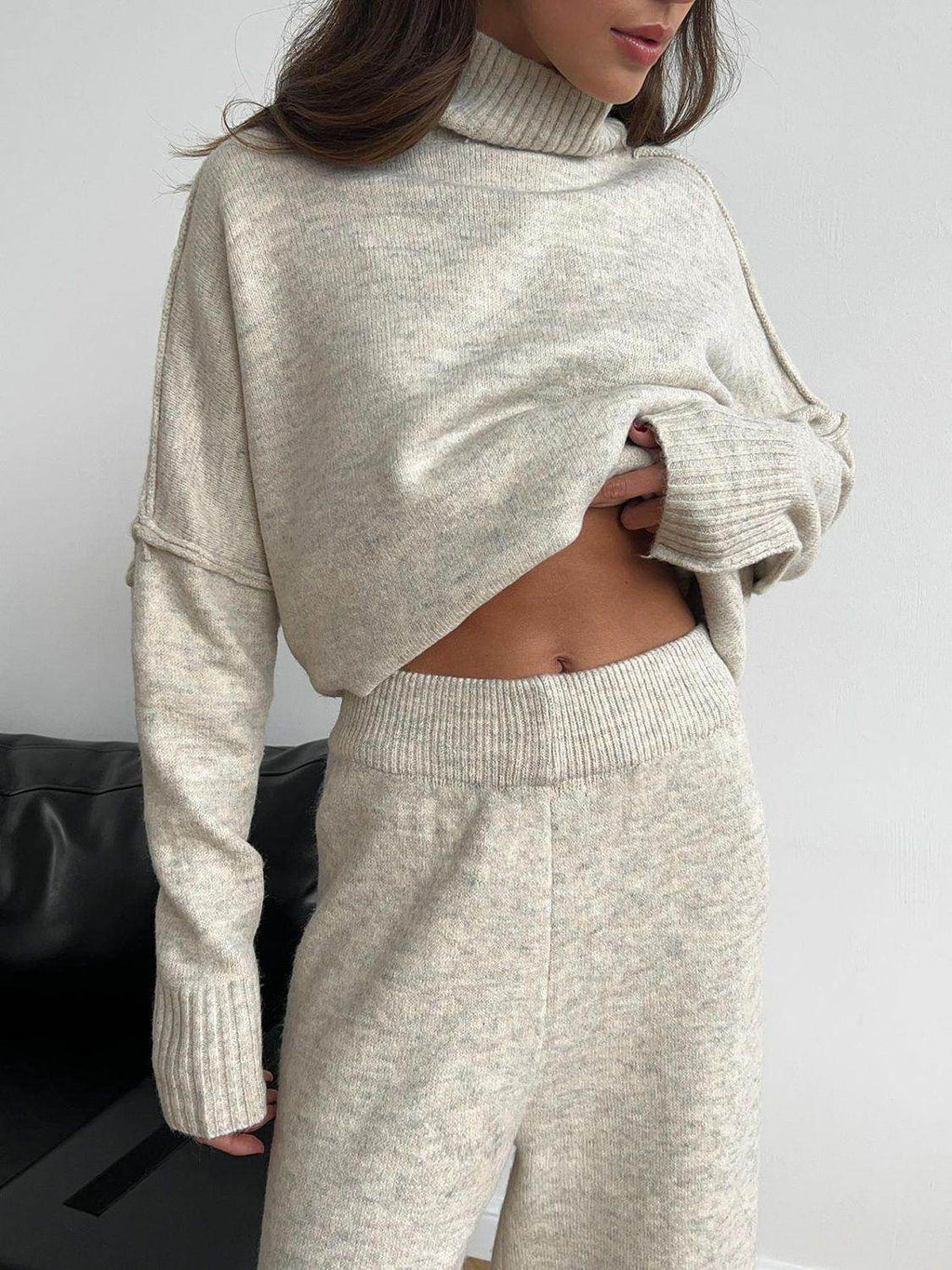 Slit Turtleneck Long Sleeve Top and Pants Sweater Set Outfit