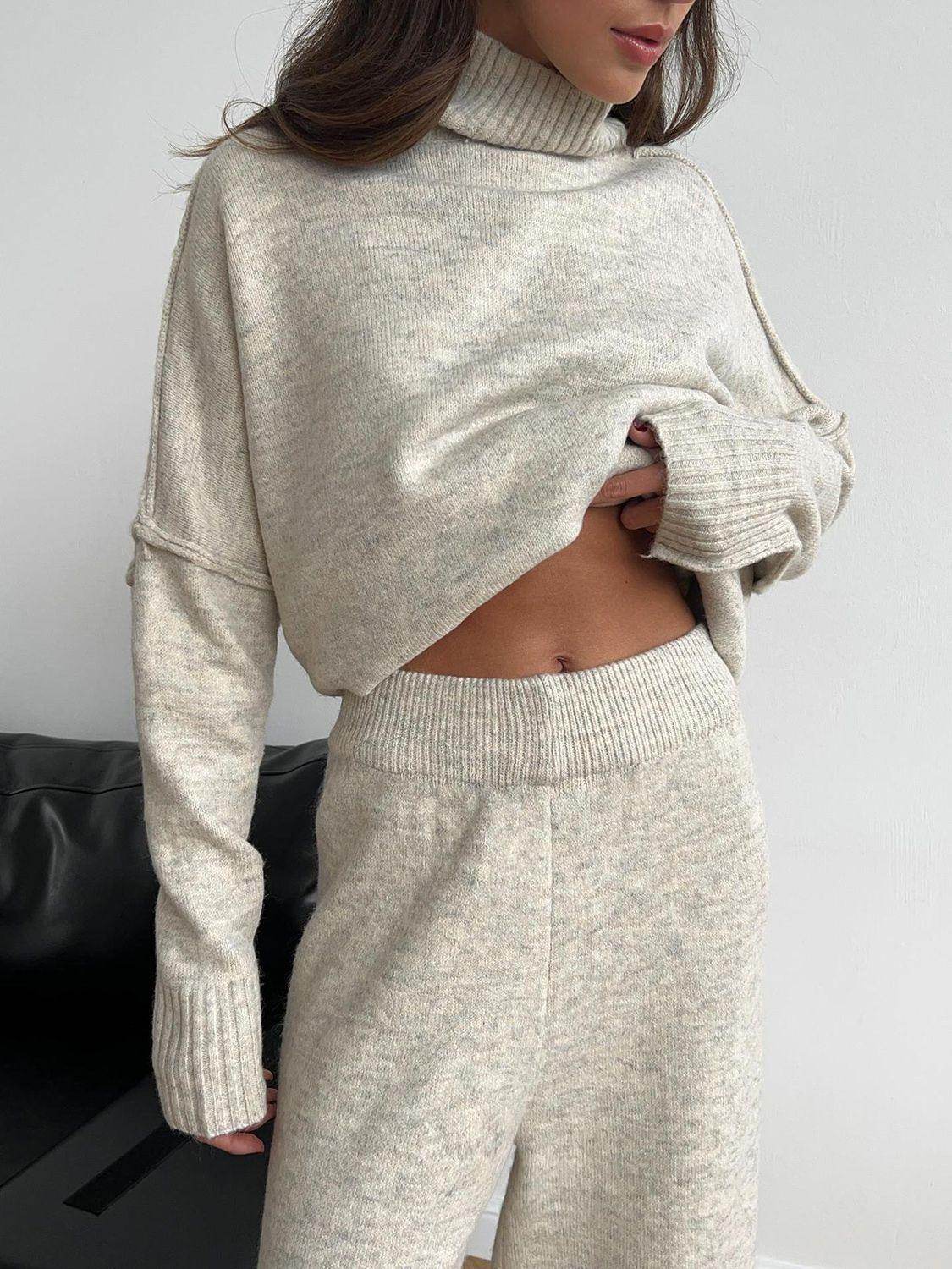 Slit Turtleneck Long Sleeve Top and Pants Sweater Set Outfit