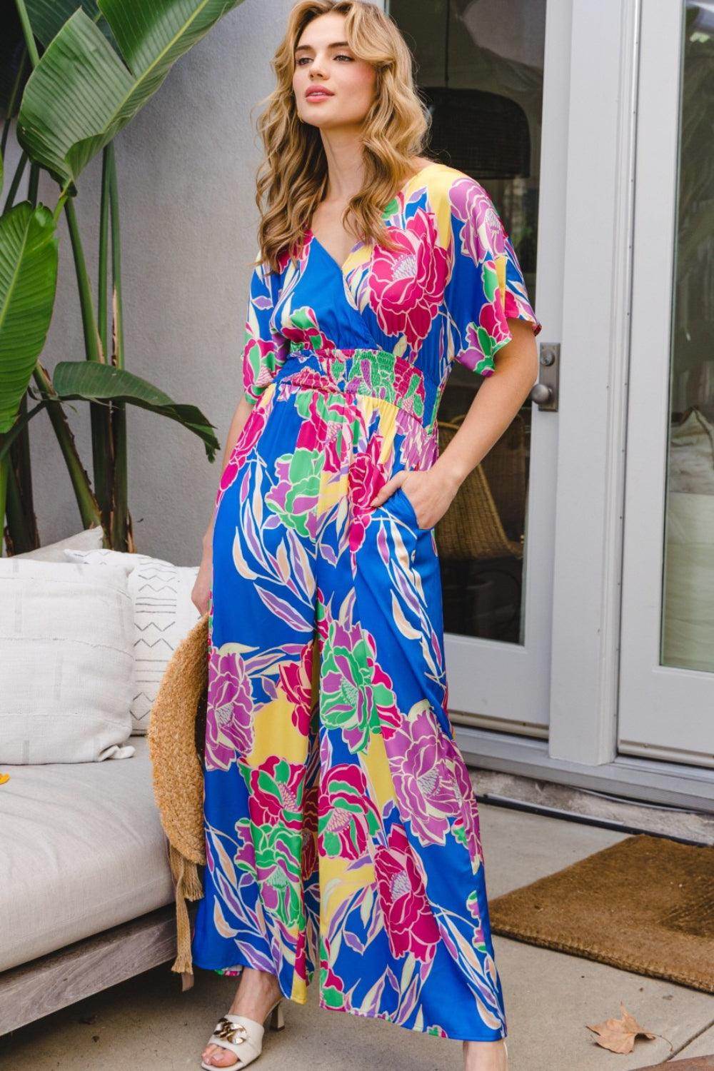 ODDI Full Size Floral Smocked Tied Back Jumpsuit for Women