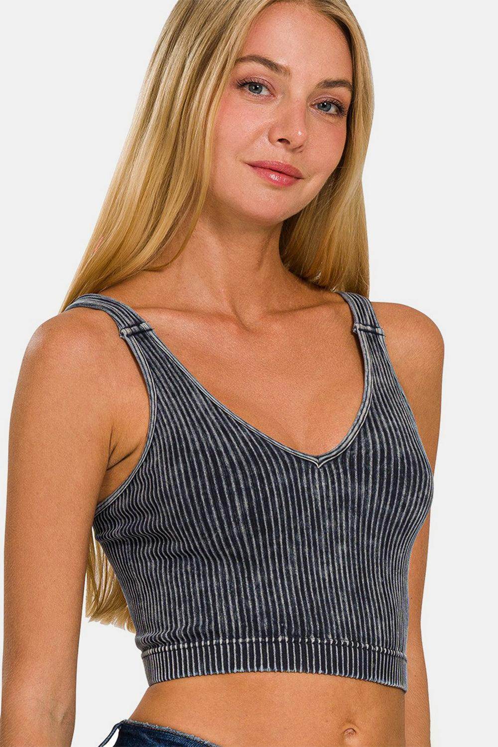 Zenana Washed Ribbed Cropped V-Neck Tank Top for Women