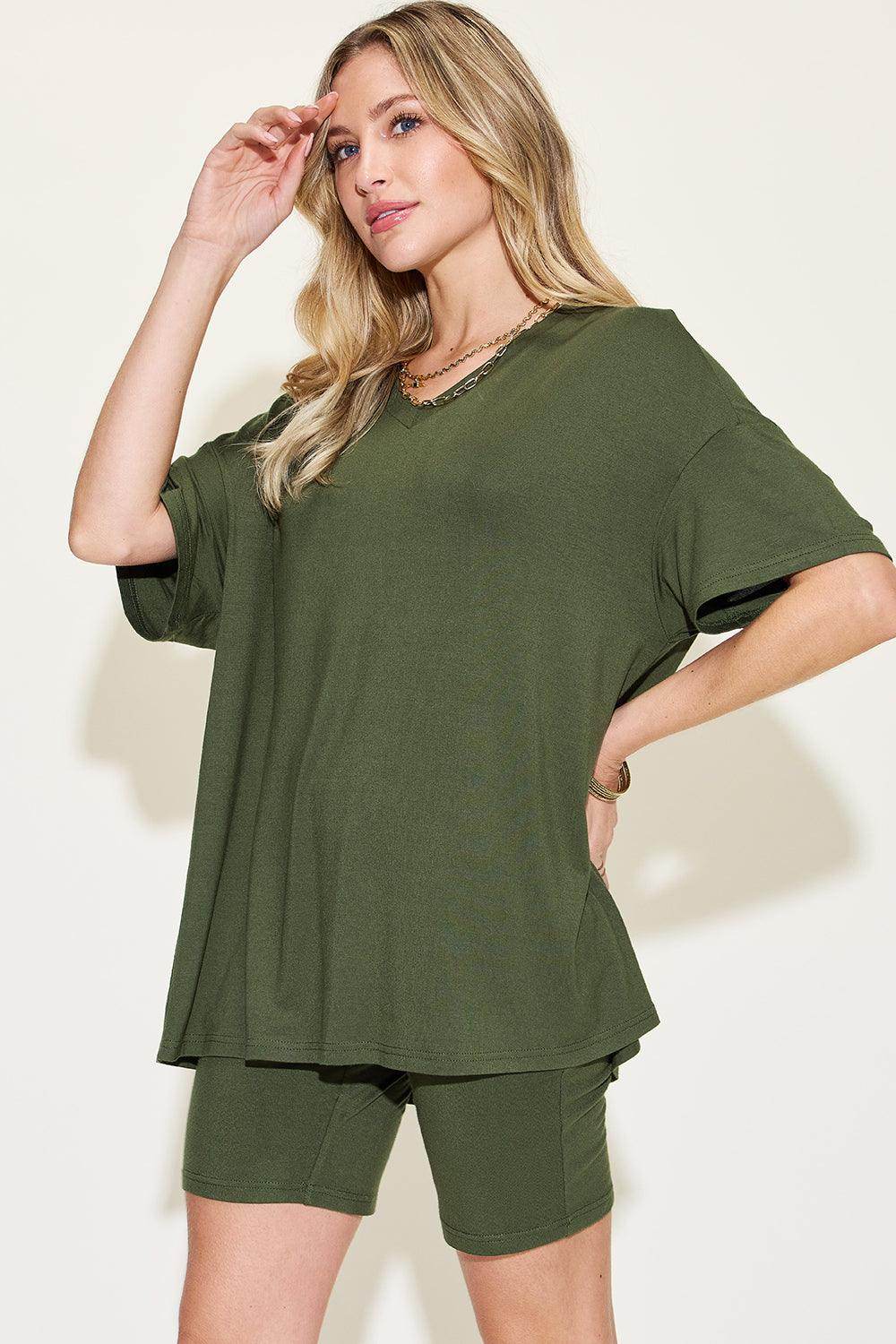 Basic Bae Full Size V-Neck Drop Shoulder T-Shirt Set