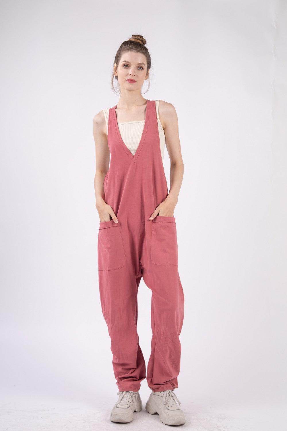 Very J Plunge Sleeveless Jumpsuit with Pockets for Women