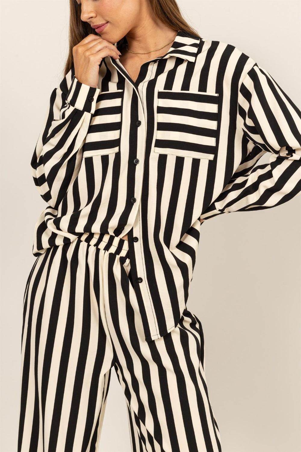 HYFVE Striped Button Up Shirt and Pants Set for Women