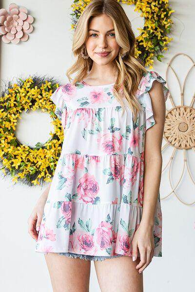 Heimish Full Size Butterfly Short Sleeve Floral Tiered Top