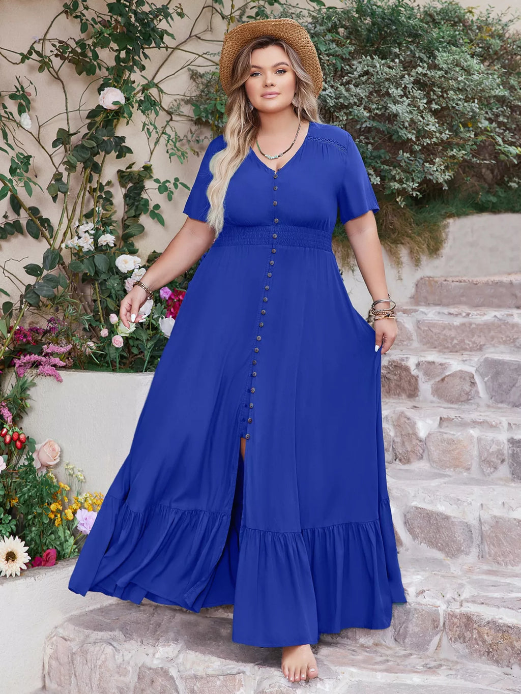 Ruffled Hem V-Neck Maxi Dress