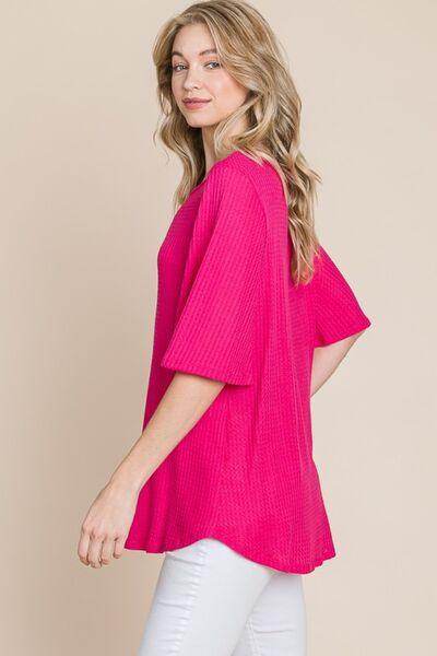 BOMBOM Round Neck Waffle Knit T-Shirt for Cozy Comfort