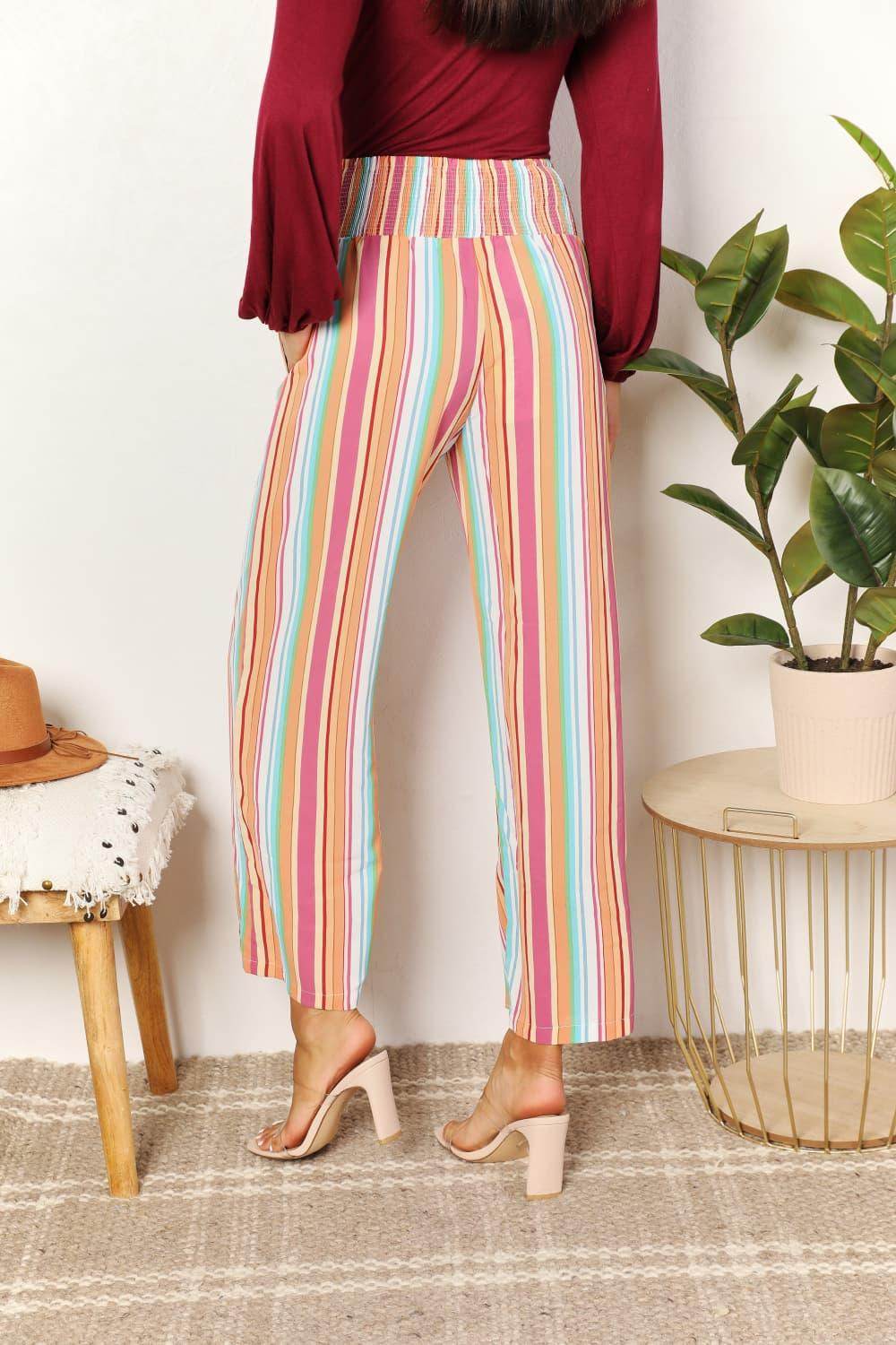 Double Take Striped Smocked Waist Pants with Pockets Stylish