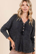 Mittoshop Washed V-Neck Long Sleeve Blouse for Women