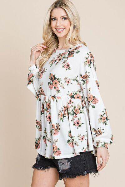Super Lady Full Size Babydoll Floral Boat Neck Blouse