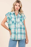 Mittoshop Mineral Wash Plaid Button Down Shirt for Women