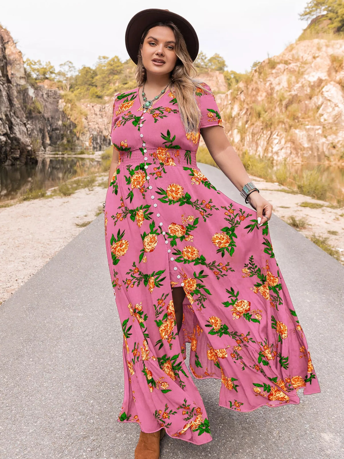Floral V-Neck Short Sleeve Maxi Dress