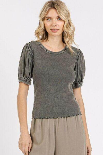 Mittoshop Mineral Wash Puff Sleeve Rib Knit Top for Women