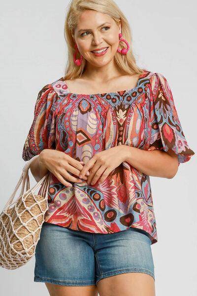Umgee Full Size Abstract Print Smocked Square Neck Blouse