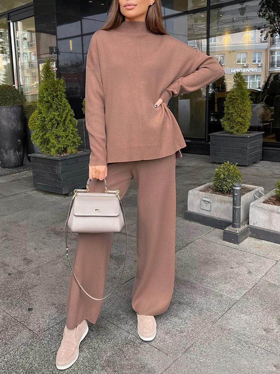 Slit Mock Neck Top and Pants Sweater Set for Women