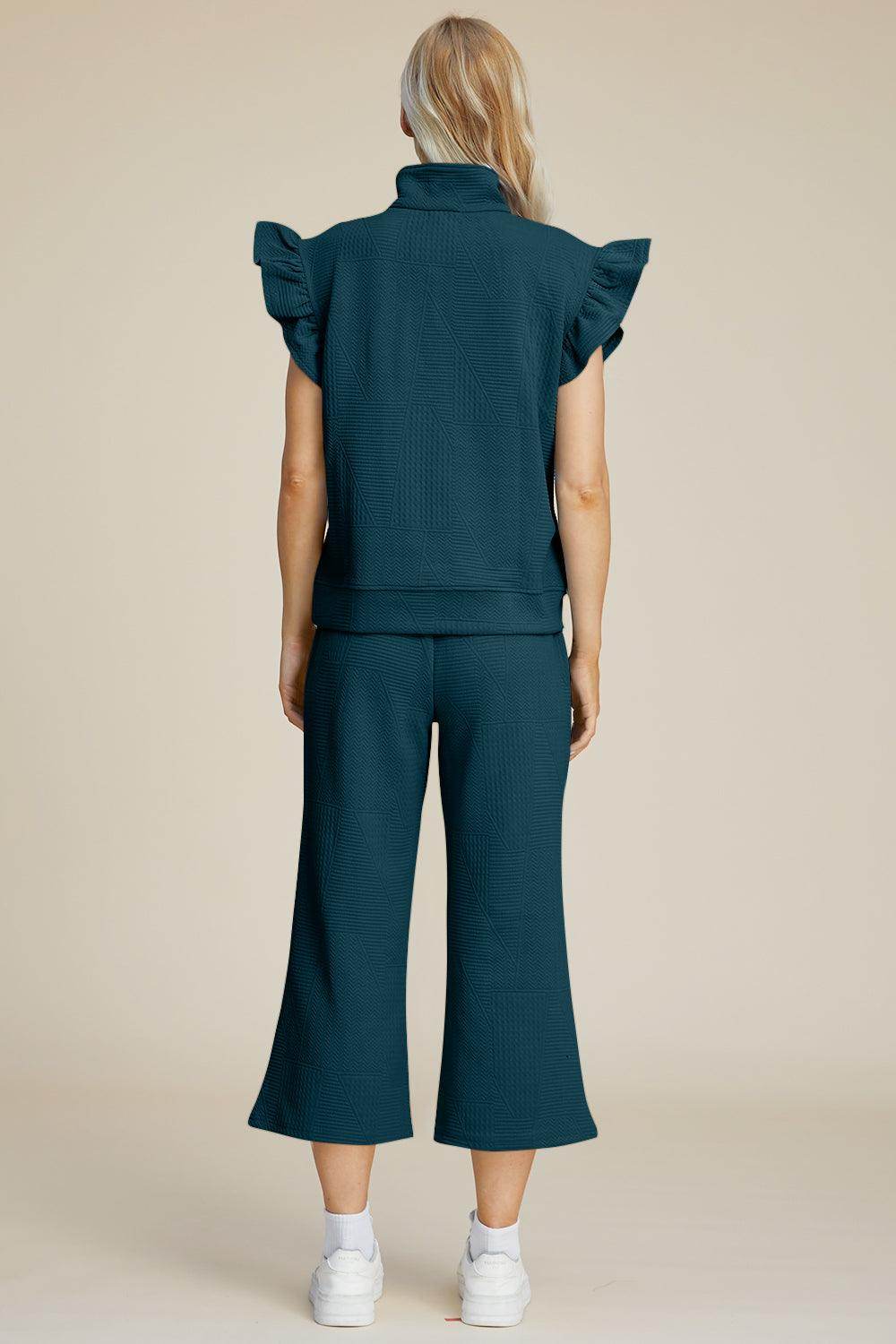 Double Take Full Size Texture Ruffle Top and Pants Set