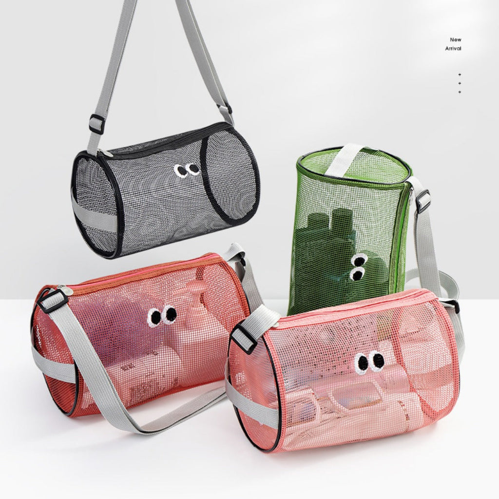 Big eye mesh cylinder bag, breathable leisure travel crossbody bag mesh, portable crossbody beach bag, swimming wash storage bag