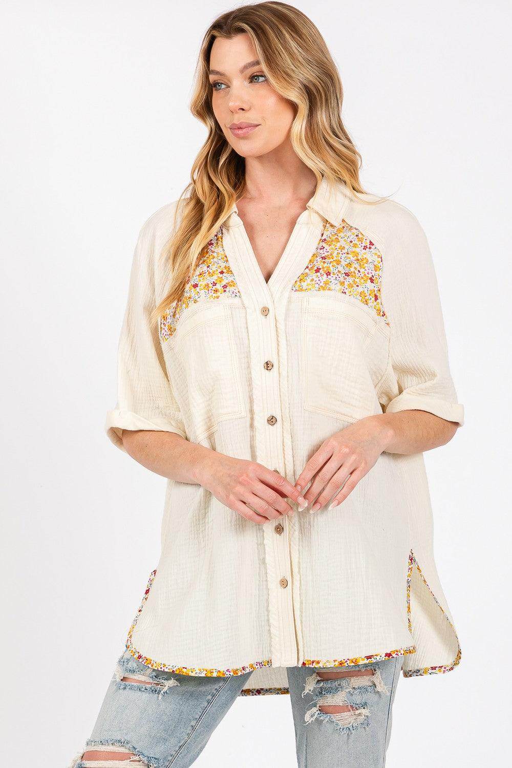 SAGE + FIG Full Size Floral Detail Button Up Shirt